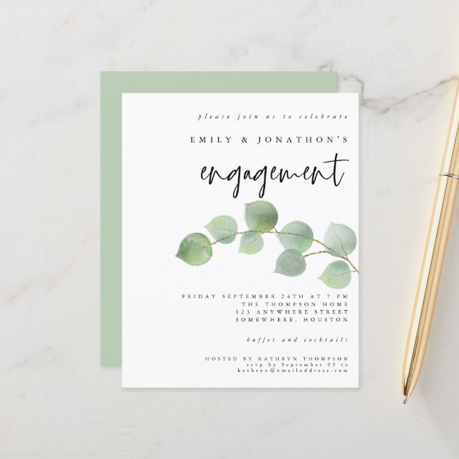 Budget Green Eucalyptus Engagement Invitation (Front/Back In Situ)