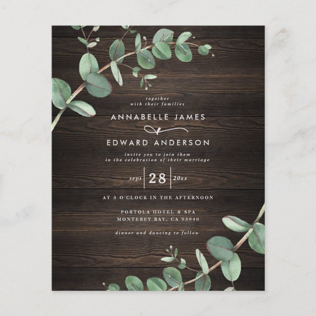 budget green eucalyptus foliage dark wood wedding flyer (Front)