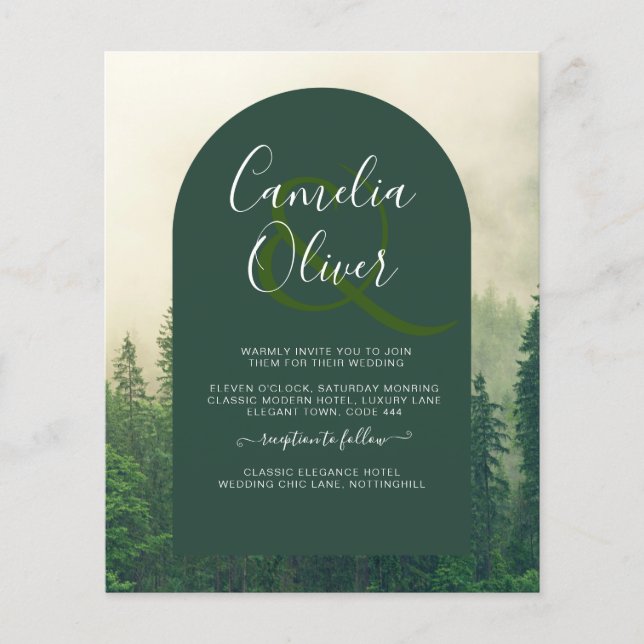 BUDGET Green Forest mountain Pine Trees Wedding Flyer (Front)