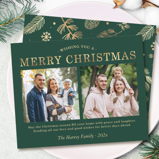 Budget Green Gold 2 Photo Merry Christmas Cards (Creator Uploaded)