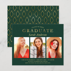 Budget Green Gold 3 Photo Graduation Invitation