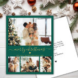 Budget Green Gold 4 Photo Collage Christmas Card<br><div class="desc">Budget Modern Elegant Heart Script 4 Photo Collage Merry Christmas Script Holiday Thin Card. Note: thinner than postcard! This festive minimal four (4) photo holiday card template features a pretty photo collage, a little doodle heart and says Merry Christmas! The „Merry Christmas” greeting text is written in a beautiful hand...</div>
