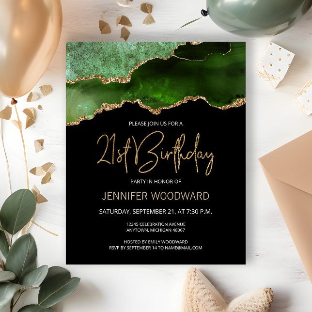 Budget Green Gold Agate 21st Birthday Invitation (Creator Uploaded)