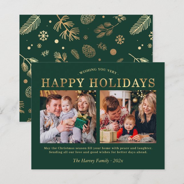 Budget Green Gold Christmas Holiday Photo Card (Front/Back)