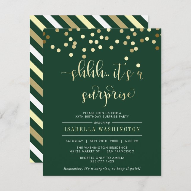 Budget Green Gold Confetti Surprise Birthday Party (Front/Back)