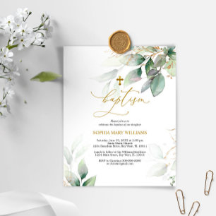 Budget Green & Gold Eucalyptus Baptism Invitation
