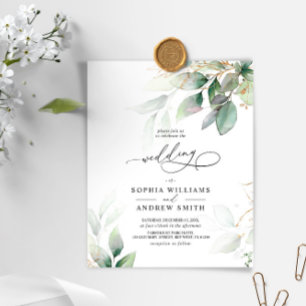 Budget Green & Gold Eucalyptus Wedding Invitation