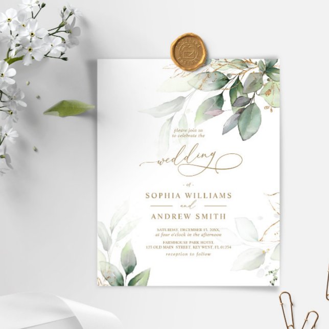 Budget Green & Gold Eucalyptus Wedding Invitation (Creator Uploaded)