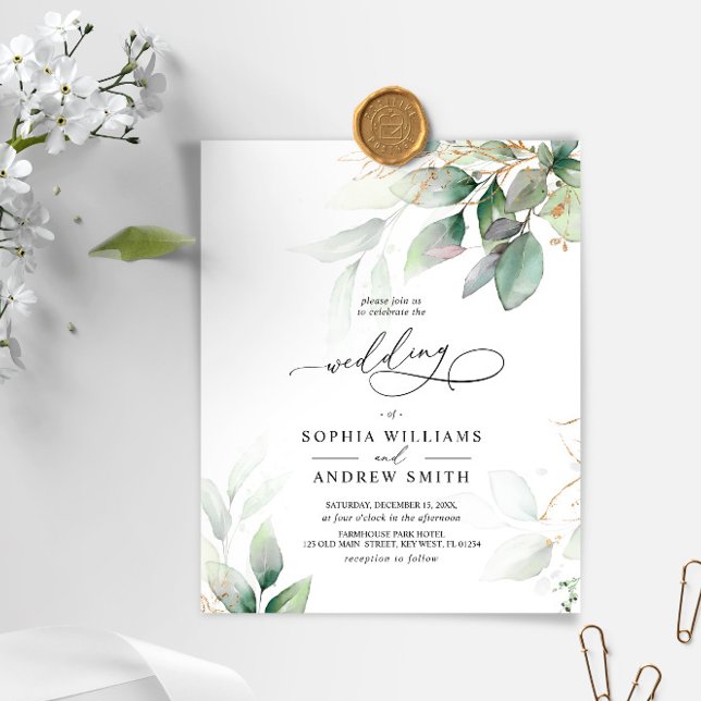 Budget Green & Gold Eucalyptus Wedding Invitation (Creator Uploaded)