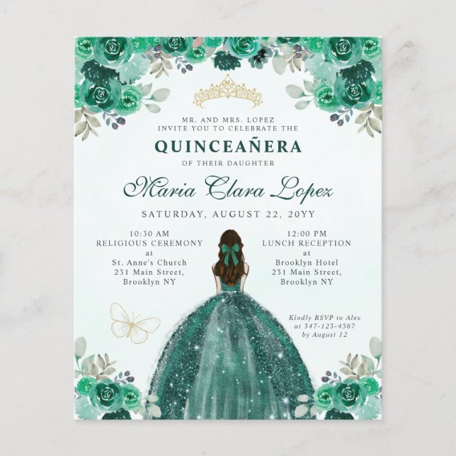Budget Green Gold Floral Glam Princess Quinceañera (Front)