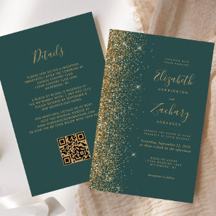 Budget Green Gold Glitter QR Code Wedding Invite