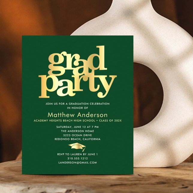 Budget green gold graduation cap bold party invite (Creator Uploaded)