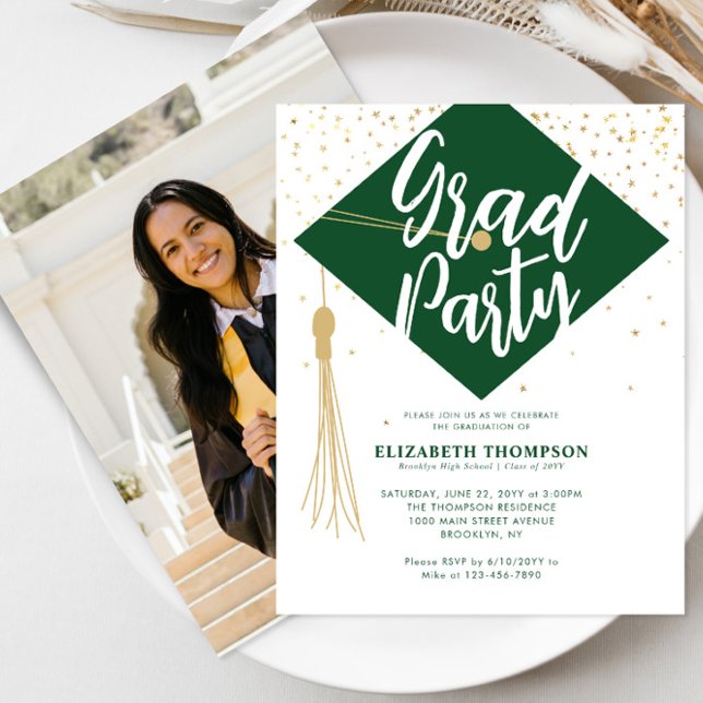 Budget Green Gold Photo Graduation Party Invite (Creator Uploaded)