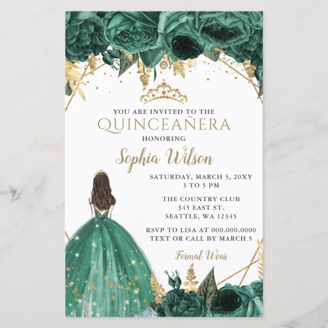 Budget Green Gold Princess Quinceañera Invitation (Front)