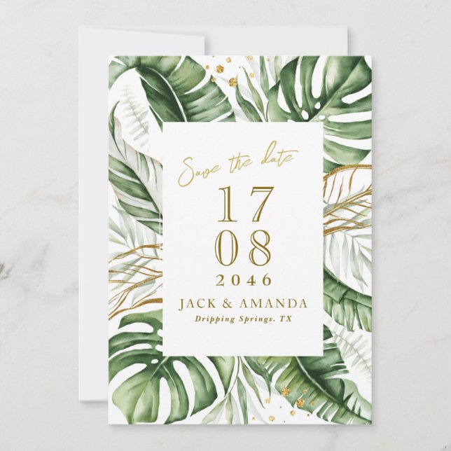 Budget Green Leaf Boho Wedding Save the date Invitation (Front)