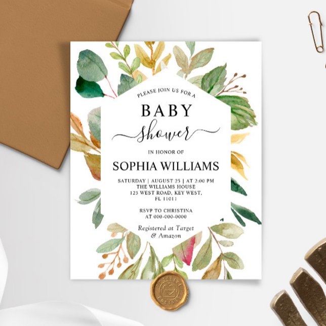 Budget Green Leaves Frame Baby Shower Invitation (Creator Uploaded)