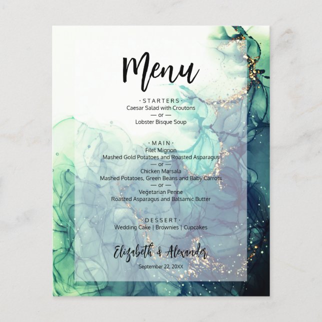 Budget Green Marble Wedding Menu Flyer (Front)