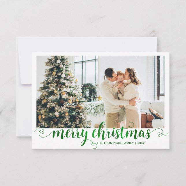 BUDGET Green Merry Christmas Heart Script Photo Card (Front)
