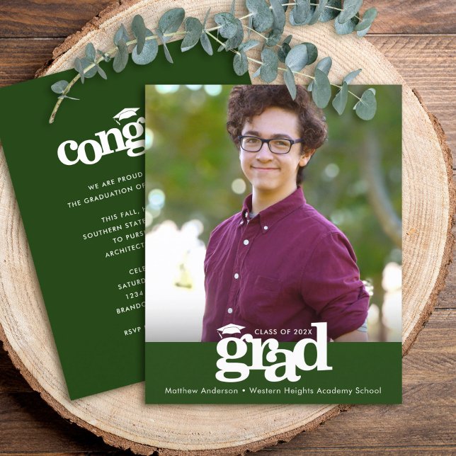 Budget Green Photo Graduation Bold Cap Invitation (Creator Uploaded)