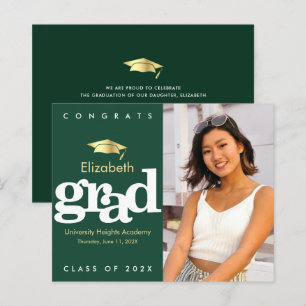 Budget Green Photo Graduation Gold Cap Invitation 