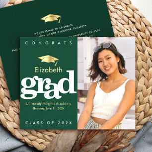 Budget Green Photo Graduation Gold Cap Invitation 