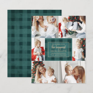 Budget Green Plaid Six Photos Collage Holiday Card