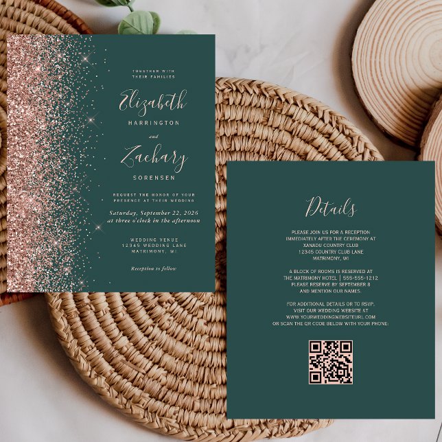 Budget Green Rose Gold Glitter QR Code Wedding (Creator Uploaded)