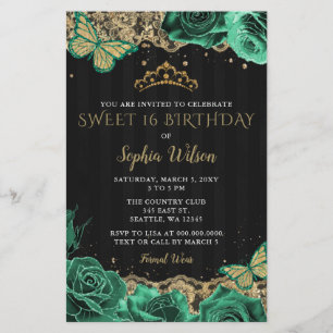 Budget Green Roses Black Gold Sweet 16 Invitation