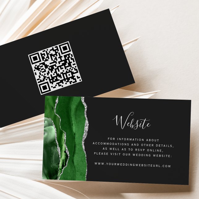 Budget Green Silver Agate Dark Wedding QR Code Enclosure Card (Creator Uploaded)