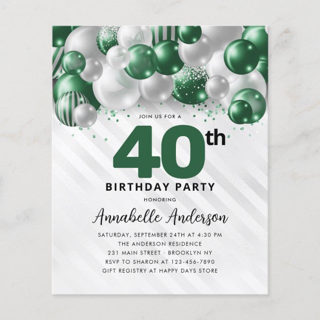 Budget Green Silver Balloon Glitter 40th Birthday (Front)