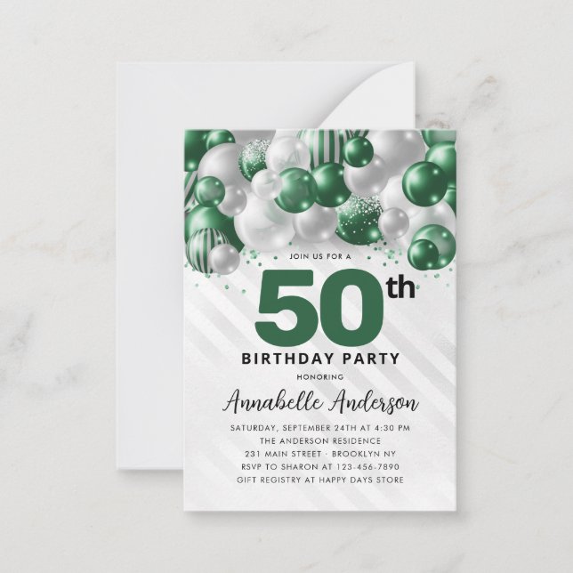 Budget Green Silver Balloon Glitter 50th Birthday Card (Front)