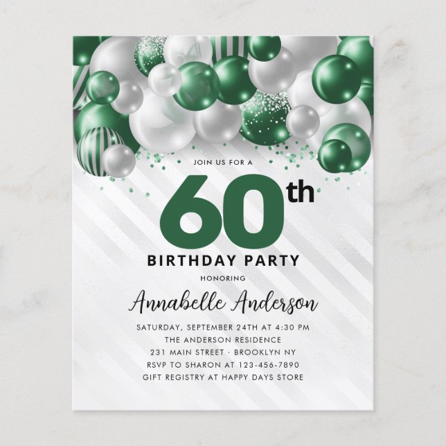 Budget Green Silver Balloon Glitter 60th Birthday (Front)