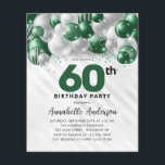 Budget Green Silver Balloon Glitter 60th Birthday<br><div class="desc">Modern Glam Emerald Green Silver Balloon Glitter Sparkle Any Age Birthday Invitation</div>
