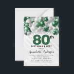 Budget Green Silver Balloon Glitter 80th Birthday Card<br><div class="desc">Modern Glam Emerald Green Silver Balloon Glitter Sparkle Any Age Birthday Invitation</div>