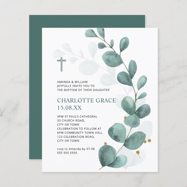 Budget Green Watercolor Eucalyptus Baptism Invite (Front/Back)