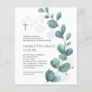 Budget Green Watercolor Eucalyptus Baptism Invite Flyer
