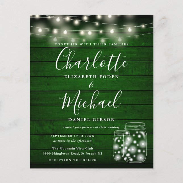 Budget Green Wood Mason Jars Wedding Invitation (Front)
