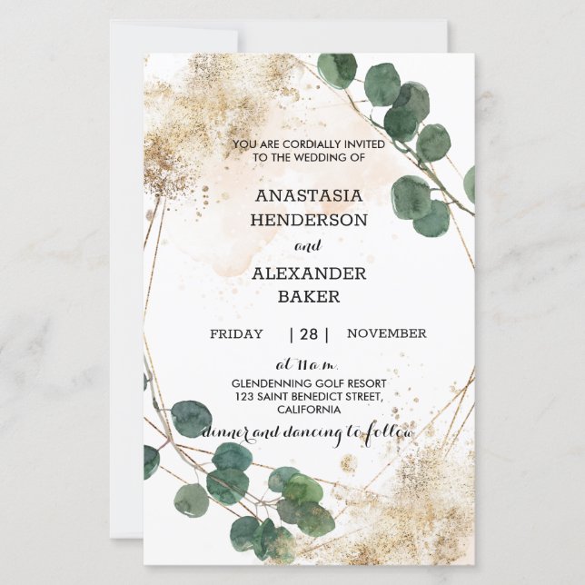 Budget Greenery and Gold Wedding Invitation. (Front)