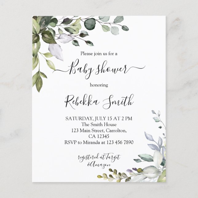 Budget Greenery Baby Shower Invitation (Front)
