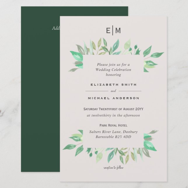 BUDGET Greenery Blush Leaves Wedding Invites A9 (Front/Back)