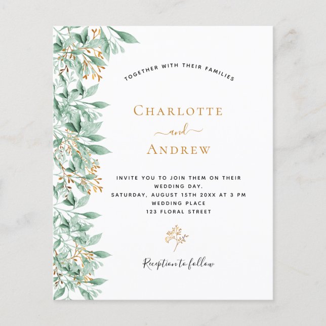 Budget Greenery botanical floral gold wedding (Front)
