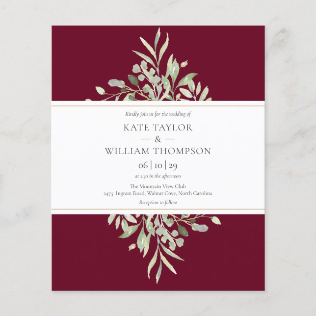 Budget Greenery Burgundy Wedding Invitation (Front)