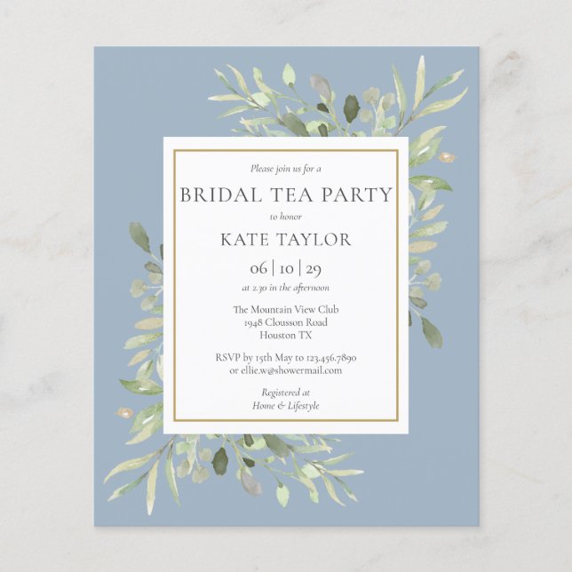 Budget Greenery Dusty Blue Bridal Tea Party Invite (Front)