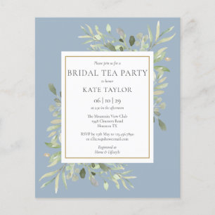 Budget Greenery Dusty Blue Bridal Tea Party Invite