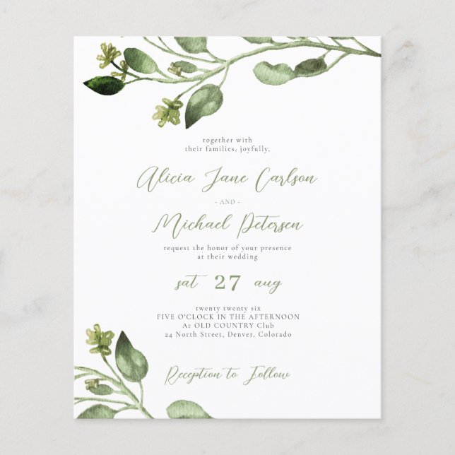 Budget greenery elegant script wedding invitation flyer (Front)
