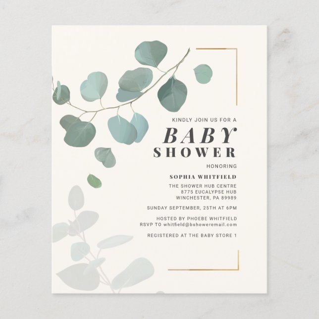 Budget Greenery Eucalyptus Baby Shower Invitation (Front)