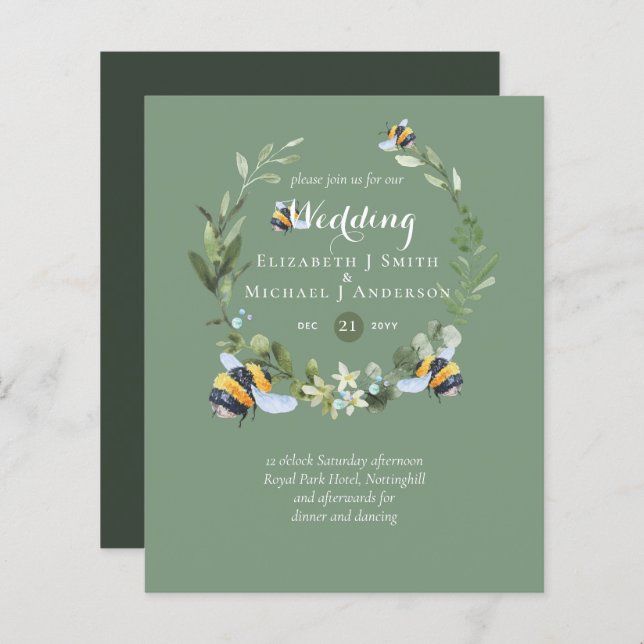BUDGET Greenery Eucalyptus Bees Wedding Invites (Front/Back)