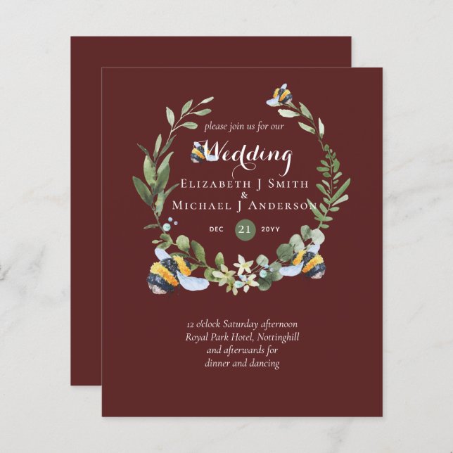 BUDGET Greenery Eucalyptus Bees Wedding Invites (Front/Back)