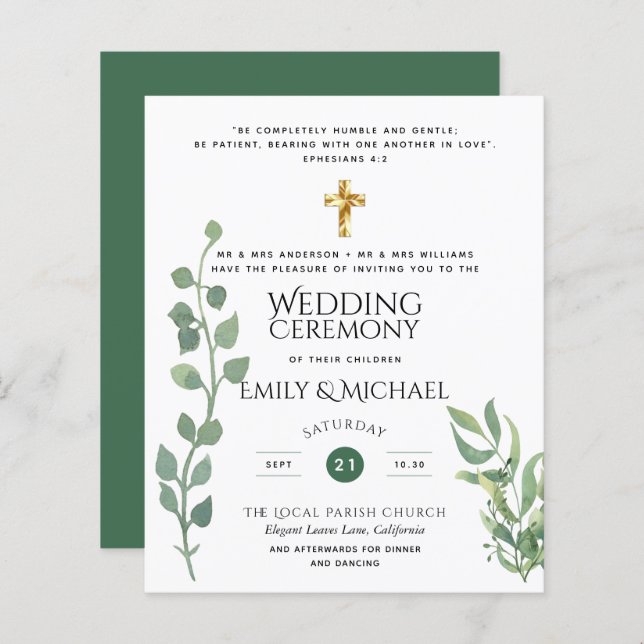 Budget Greenery Eucalyptus Catholic Wedding Invite (Front/Back)
