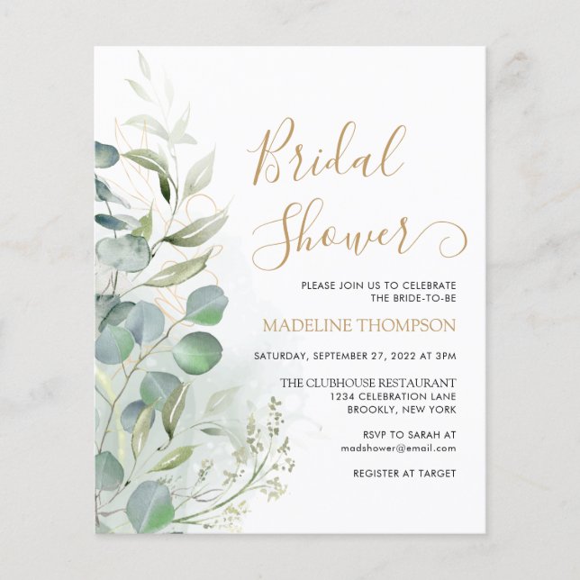 BUDGET Greenery Eucalyptus Gold Bridal Shower (Front)